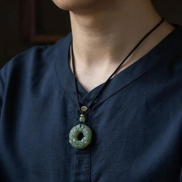 Double-Sided Jade Pixiu Pendant Wealth & Peace Buckle Necklace Unisex Vintage Long Pendant Couple Necklace with Adjustable Elastic Rope