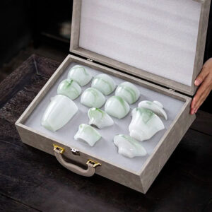 Colored glaze jade porcelain tea set, Gongfu style, high-end, for home use, white jade glazed covered bowl, tea cups, tea pots, office gift box
