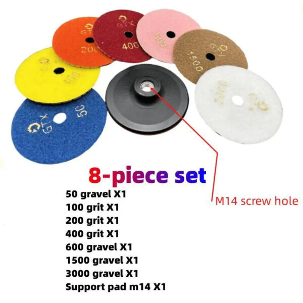 4-inch diamond polishing pad kit for wet/dry polishing of granite, concrete, and marble, using a grinding disc set for floor pol