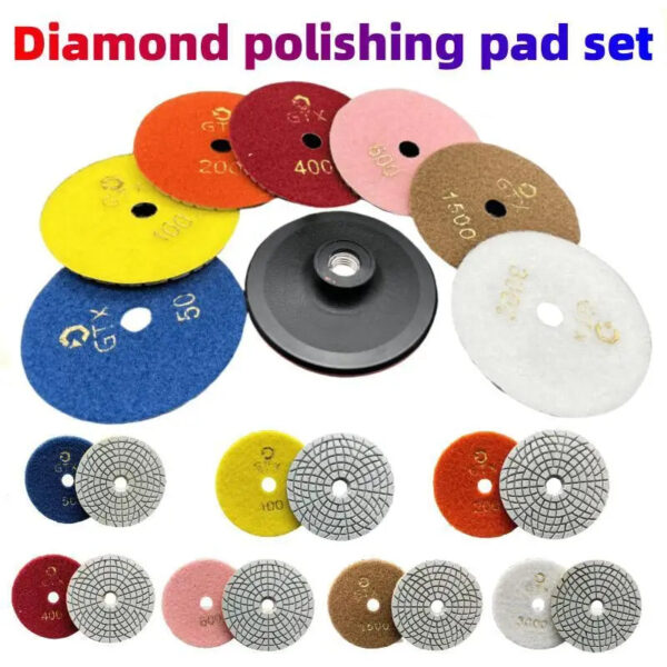 4-inch diamond polishing pad kit for wet/dry polishing of granite, concrete, and marble, using a grinding disc set for floor pol