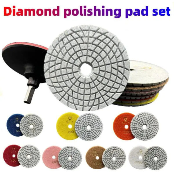 4-inch diamond polishing pad kit for wet/dry polishing of granite, concrete, and marble, using a grinding disc set for floor pol