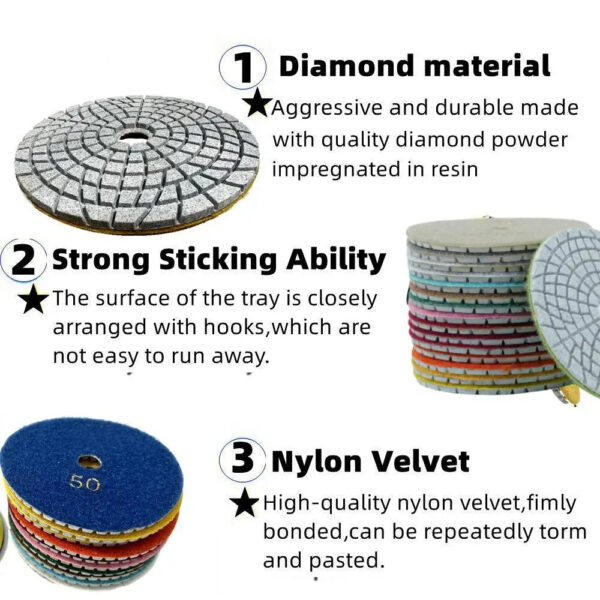 4-inch diamond polishing pad kit for wet/dry polishing of granite, concrete, and marble, using a grinding disc set for floor pol