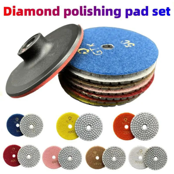 4-inch diamond polishing pad kit for wet/dry polishing of granite, concrete, and marble, using a grinding disc set for floor pol