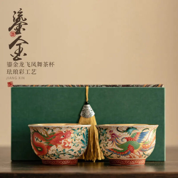 Cultural and Creative Enamel Gilded Tea Cups - Premium Dragon & Phoenix Pair, Ceramic Master Cups, Gift Box Set